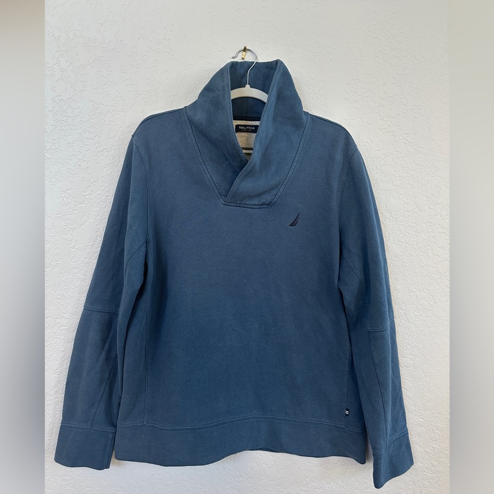 Nautica Collared Pullover Sweatshirt Mens Size L Blue Cotton Blend Warm Fleece